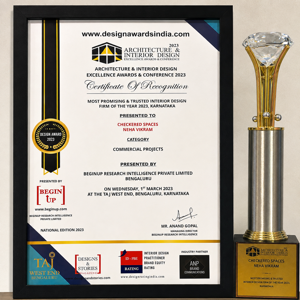 Begin Up Architecture and Interior Design Excellence Award presented to Checkered Spaces in 2023
